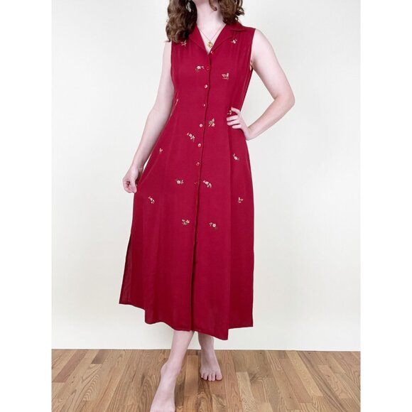 Vintage Linen Embroidered Midi Maxi Dress Cottagecore Floral Summer Sun 90s Y2K - Picture 2 of 7